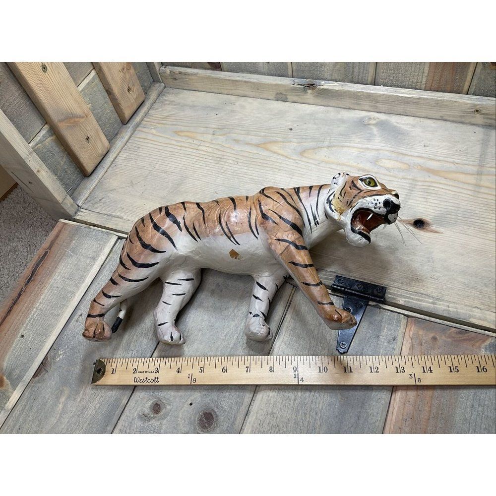 VINTAGE Leather Wrapped Tiger Sculpture Glass Eyes Jungle Safari Figurine Rare - Picture 11 of 11